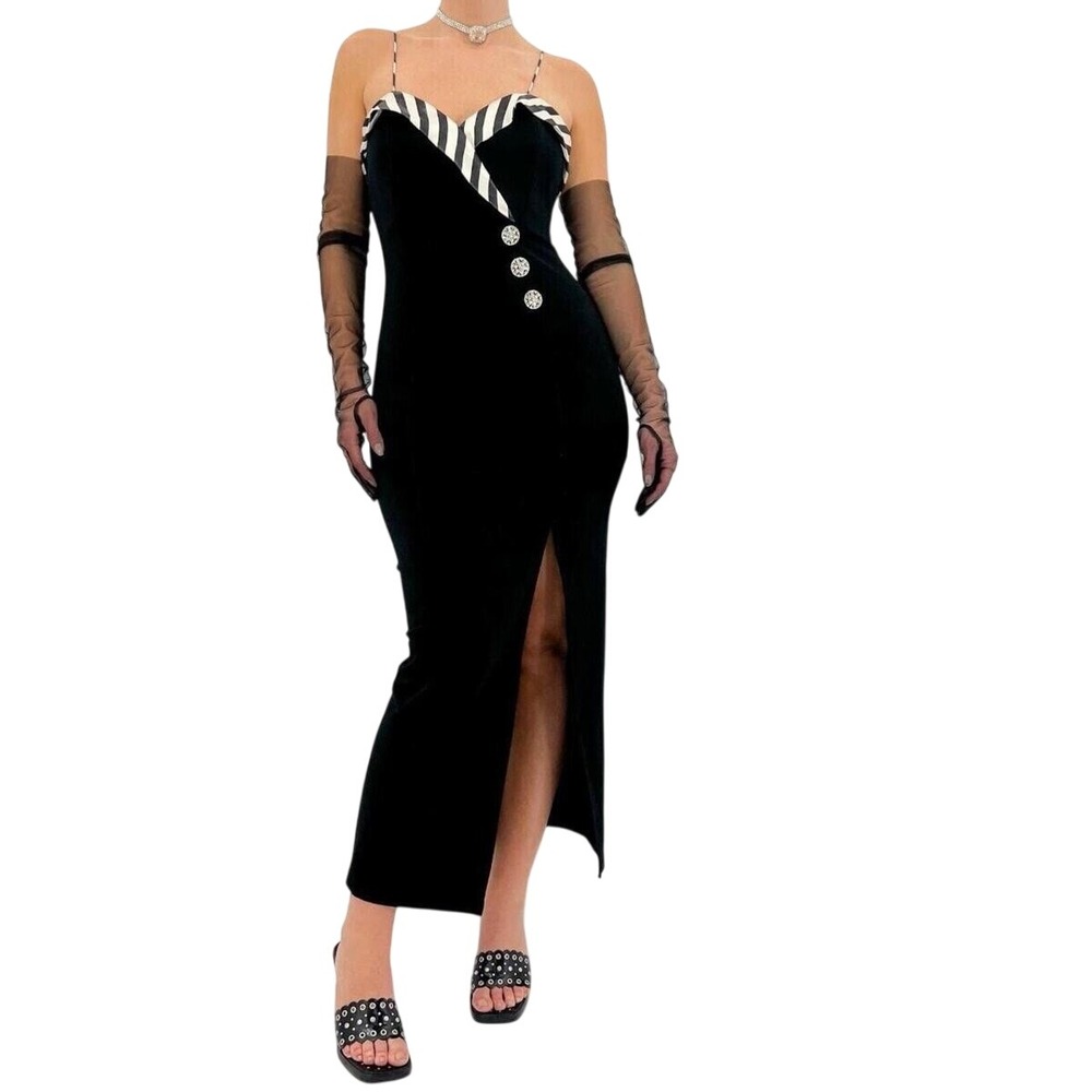 VTG! Betsy‎ & Adam Black Pinup Cocktail Dress Striped Satin Trim 80s Retro M USA